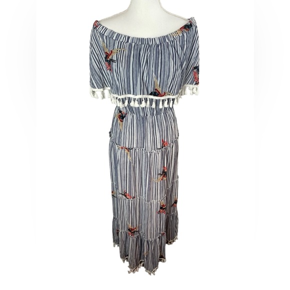 L’ATISTE by AMY Blue & White Off Shoulder tier Maxi Dress with fringe Tassles - Picture 5 of 15